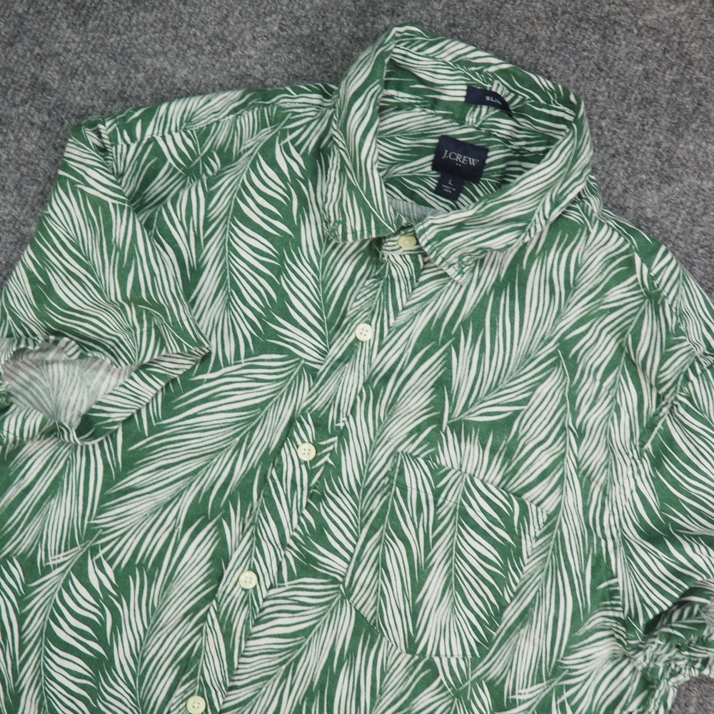 J.Crew Shirt Mens Large Slim Green White Palm Leaf Print Tropical Summer Beach